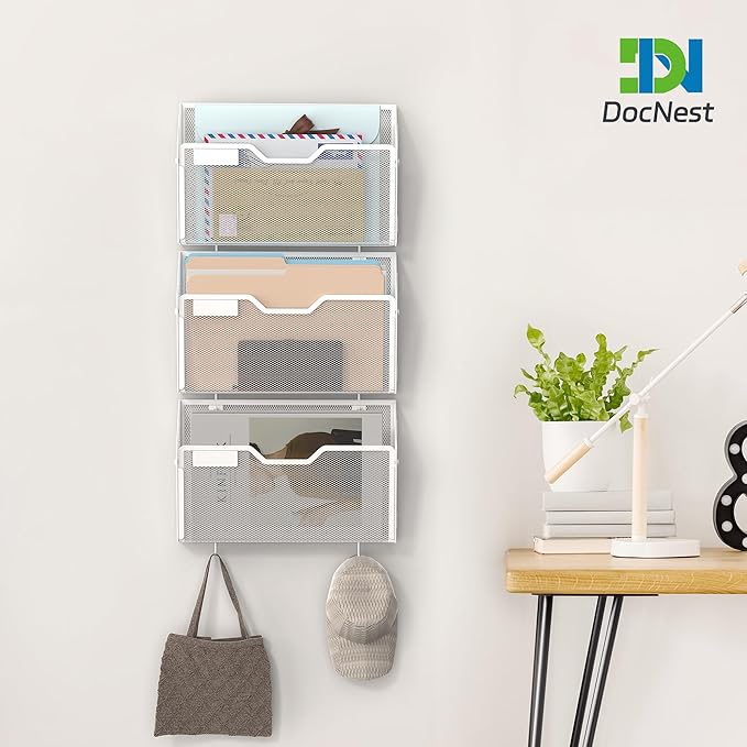 Docnest 3 Pack Hanging Wall File Holders, Mesh Wall Letter File Holder, Wall Mounted Mail Paper Document Folder Holder with Hooks for Office, Home, School, White