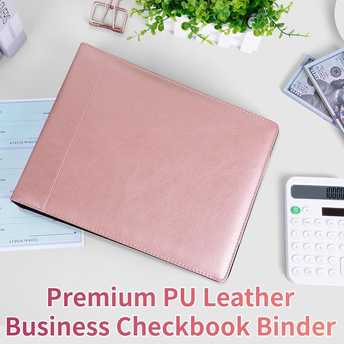 Antner 3 Ring Personal Check Binder for 3-on-a-Page End-Stub Deskbook & Personal 3 Holes or 9 Holes Small Size Checks, PU Leather Check Holder Checkbook Binder Cover with Zipper Pouch, Rose Gold