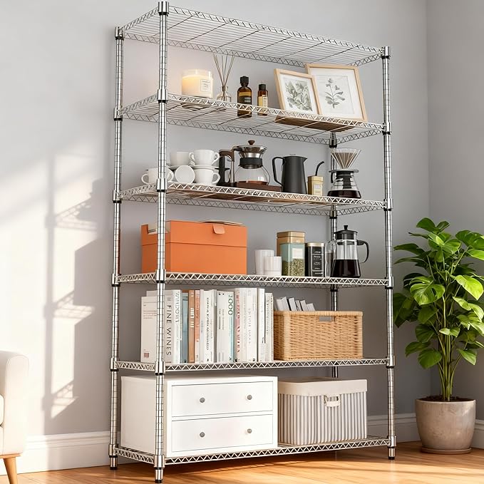 M MZG 6 Tiers Shelf 2100 lbs Steel Storage Shelving Utility Shelving Unit Steel Organizer Wire Rack for Home,Kitchen,Office,Garage Chrome 17.7" D x 47.2" W x 82.4" H