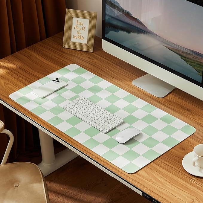 Ohocut Checkered Desk Mat, 31.5" x 15.7" Large Cute Sage Green Aesthetic Retro Accessories PU Leather Computer Laptop Desk Mat, Mouse Keyboard Pad, Desk Writing Makeup Mat for Vanity/Work/Home Decor