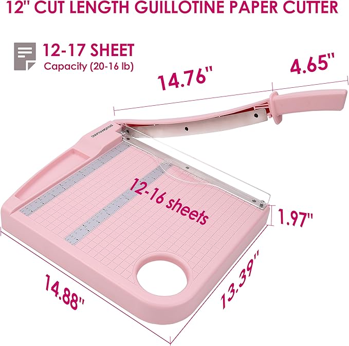 Paper Cutter,Paper Trimmer12" Cutting Length Heavy Duty Guillotine Paper Slicer with Safety Guard and Blade Lock,12 Sheets Capacity,Ideal for Offices,Homes,Printing Shops,Photo Studios (13079PINK)