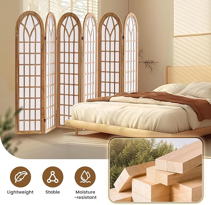 ALeesing Folding Room Divider Privacy Screen Freestanding 6-Panel Shoji Style Wooden Frame Decorative Partition Wall for Bedroom Office Apartment Natural