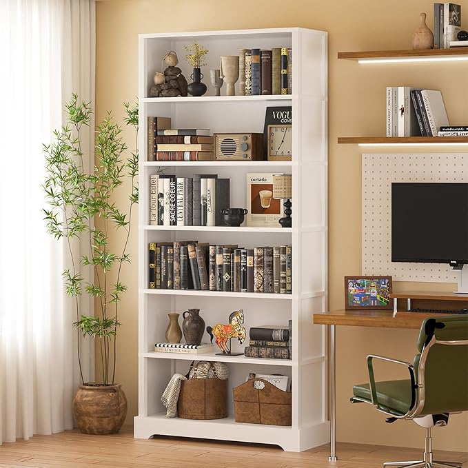 TVU 6-Tier Wooden Bookshelf, 77.2" Tall Farmhouse Style Open Bookcase, 31.5" W Standing Bookshelf with Storage, Suitable for Study, Living Room, Office, White