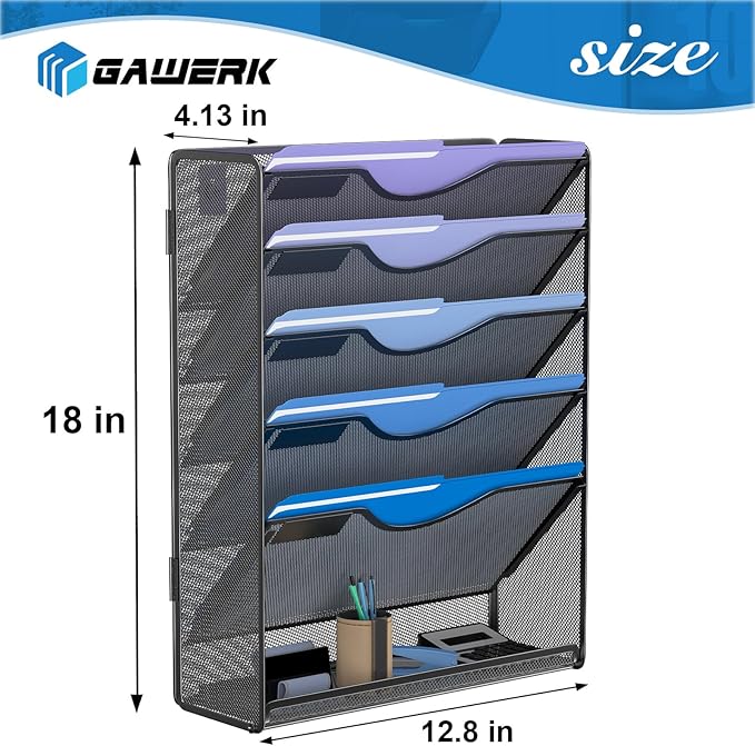 Gawerk 6 Tier Hanging File Organizer, Mesh Wall File Holder Paper Folder Rack with Bottom Flat Tray for Office Home, Black