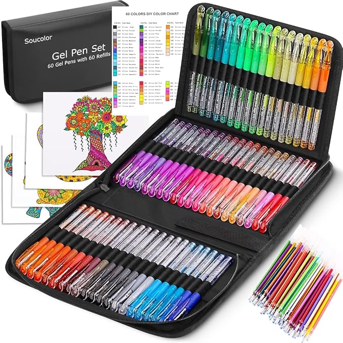 Soucolor Glitter Gel Pens for Adult Coloring Books, Christmas|Birthday Gifts, School Art Supplies,120 Pack-60 Glitter Pens, 60 Refills and Travel Case, 40% More Ink Markers Set for Drawing Journaling