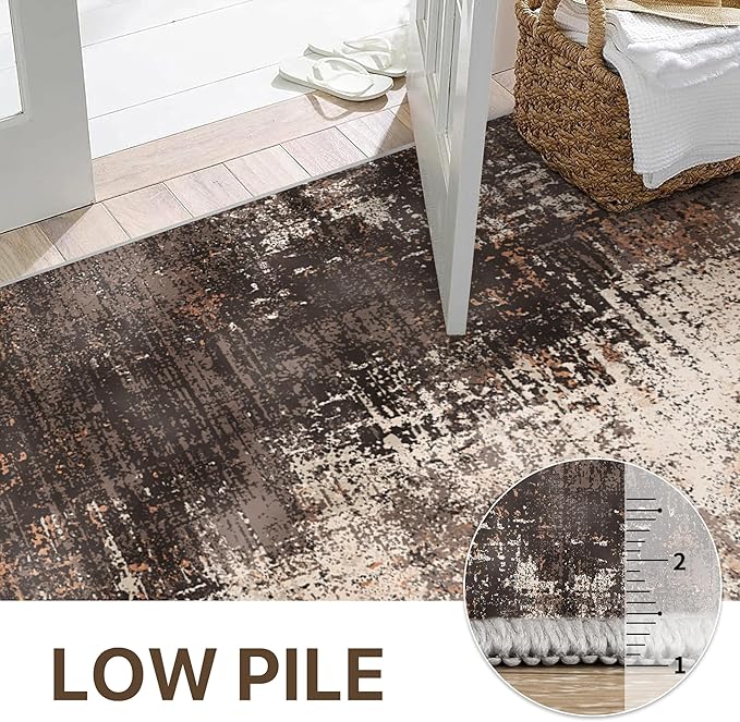 GENIMO Washable Area Rugs for Living Room, 10x14 Vintage Non Slip Rugs, Low Pile Lightweight Soft Print Rug for Bedroom, Dining Room, Home Office, Brown Orange