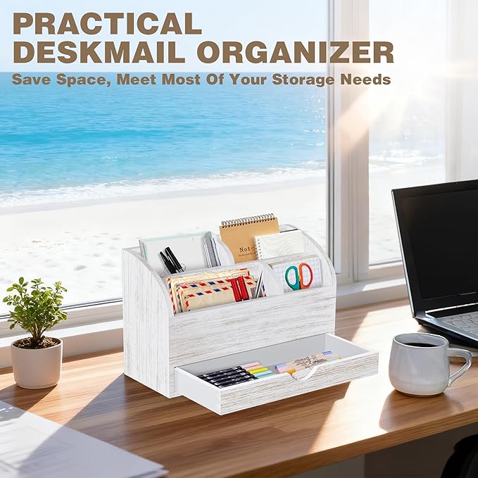 SeekElegant Wood Mail Organizer with Drawer & Pen Holder, White Mail Holder with 5 Detachable Compartments, Desk Organizer for Bill Envelope Storage, for Office Entryway Kitchen Countertop