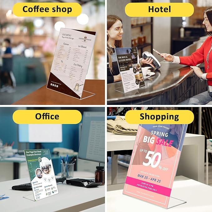 12 Pack Acrylic Sign Holder, Clear 8.5 x 11 Inch Slant Back Vertical Sign Holder, Tabletop Plastic Paper Picture Frame Flyer Document Holder Display Stand for Home, Office, Restaurants, and Stores