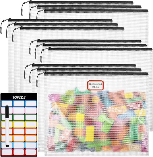 YOPCDJ 12pcs Mesh Zipper Pouch Bags, A4 Puzzle Bag for Organizing Storage Bag, File Bags for Office, Board Games and Home Supplies