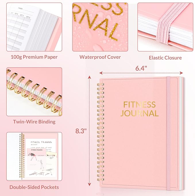 Fitness Journal Workout Planner for Women & Men, A5 (6.4" x 8.3") Workout Journal Log Book Planner Gift for Track Gym Essentials, Home Workouts, Track Progress, Achieve Wellness Goals, Pink