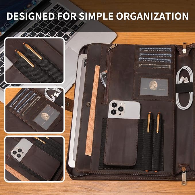 Geslun Personalized Genuine Leather Portfolio, Legal Size 8.5 x 14 Pad Holder, Custom Engraved Business Padfolio for Men Women, Zippered 14" Laptop Organizer, Professional Notepad Folio, Dark Brown