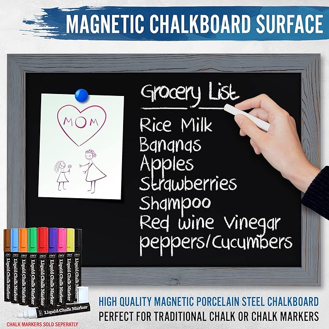 Rustic Grey Magnetic Wall Chalkboard, Large Size 18" x 24", Framed Chalkboard - Decorative Magnet Board Great for Kitchen Decor, Weddings, Restaurant Menus and More! … (18" x 24")…