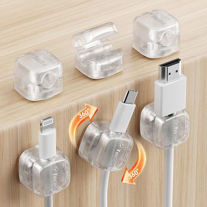 Yocice 6Pack Rotatable Cord Organizer,Spring Cable Clips Desk Cable Management Cord Holder Adhesive Phone Charger Cord Clips for Home Office Car Wall Nightstand Accessories, Clear