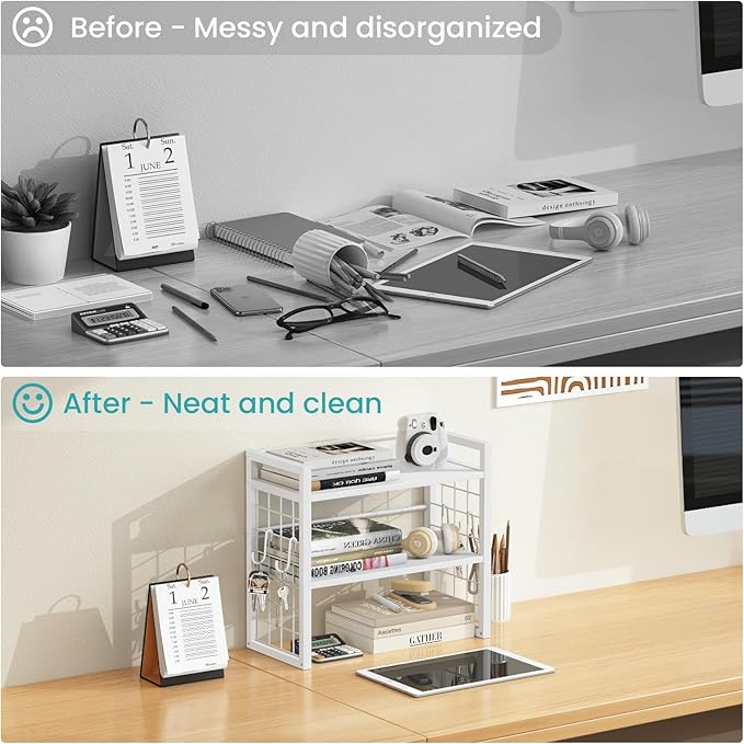 ELITEROO Desk Shelf Organizer, 2 Tier Wood Desktop Bookshelf Storage Rack, Freestanding Tabletop Organizer for Top of Desk, Office Supplies, Books & Decorations, White