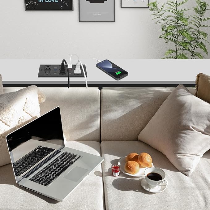 Recessed Power Strip, 30W PD USB-C & USB-A Fast Charging, Drawer Outlet Plug in 6 Outlets & 8 USB Ports, Furniture Flush Mount Desk Outlets for Conference Table, 10FT Cord Black
