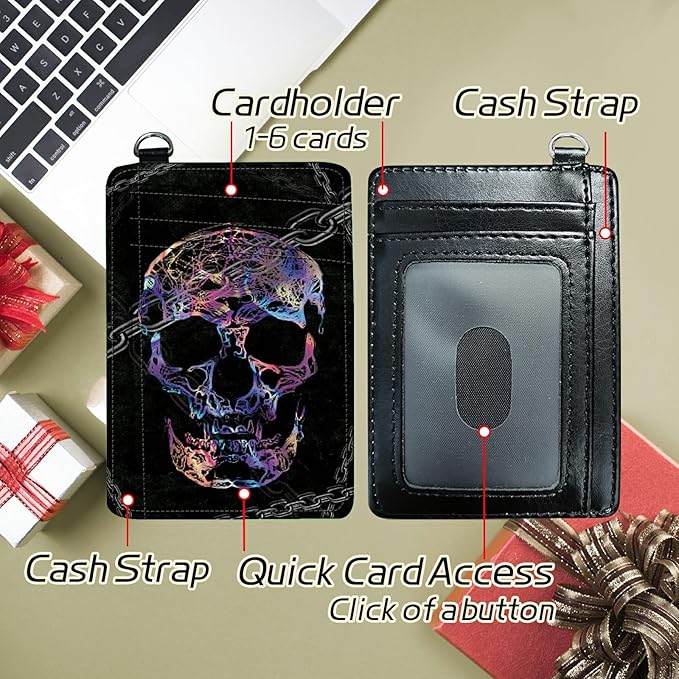 BWEGRHE Small Travel Wallets, Shackle Skull Slim Minimalist Front Pocket Wallet with Wristlet, RFID Blocking PU Leather Credit Card Holder with ID Window Change Purse for Men Women