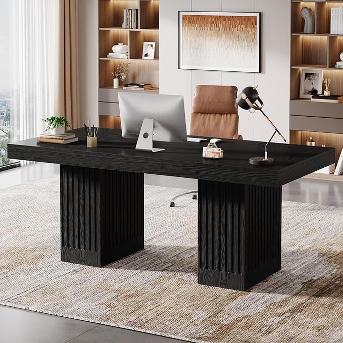 Tribesigns 63-Inch Executive Desk, Modern Office Computer Desk with Heavy Duty Double Pedestal, Large Study Writing Table Business Furniture for Home Office, Black, Set of 2