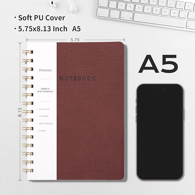 Spiral Notebook-5.75" x 8.125" College Ruled Journal with Inner Pockets and 160 Pages,PU Leather Cover Business Journal, Twin-Wire Binding Notebook Perfect for Office & Home School Supplies Wine Red