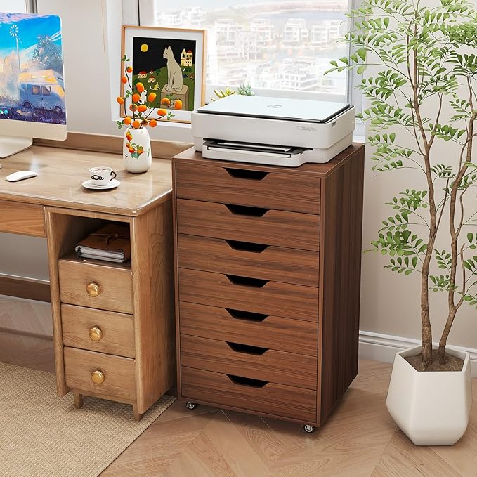 Giantex 7-Drawer Storage Cabinet, Mobile File Organizer with 4 Universal Casters, Wooden Vertical Filing Cabinet on Lockable Wheels for Office, Study, Living Room (19” x 15.5” x 34.5”,Walnut)