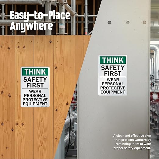 SmartSign - S-2917-AL-14 "Think Safety First - Wear Personal Protective Equipment" Sign | 10" x 14" Aluminum 10" x 14" Non-Reflective Aluminum