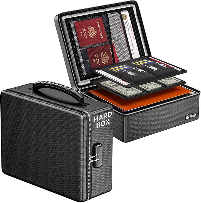 ENGPOW Fireproof Document Box with Lock, Fireproof Water Resistant Heat Insulated Safe Box Hard Case with Fireproof Zipper, Portable Home Office Travel File Organizer for Important Documents and More
