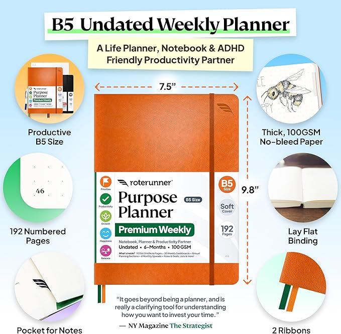 Roterunner Purpose Planner Notebook B5 5.8”x8.3” Undated 2026 Daily Weekly and Monthly Productivity Goal Setting Tool for Work Home ADHD Planner for Adults Self Care Journal (Orange Softcover)