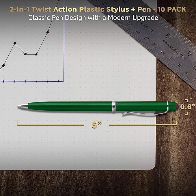 DISCOUNT PROMOS Twist Action Plastic Stylus Pens, Set of 10, Bulk Pack - Pens for Work, Cool Pens for Writing, Black Ink - Green