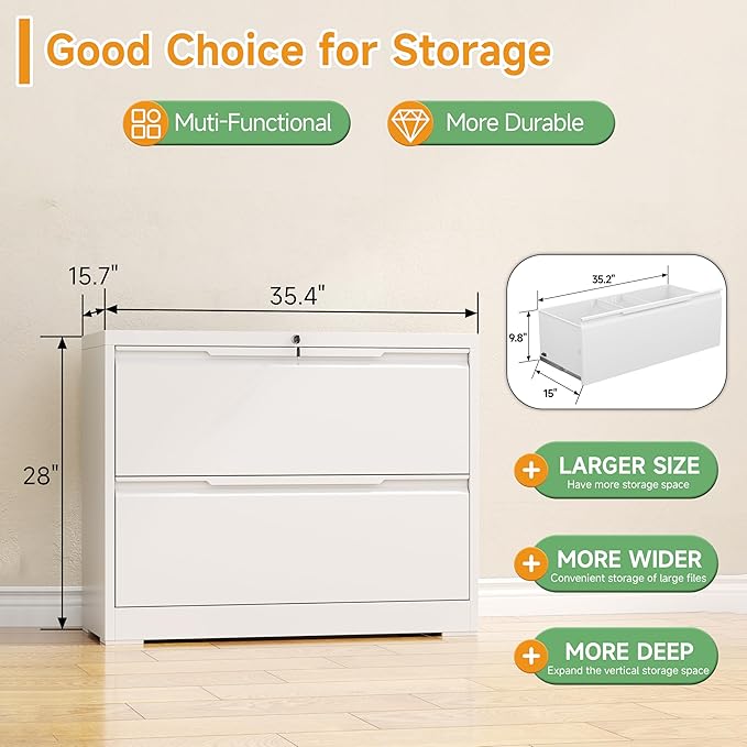 LONGLINK 2 Drawer Lateral File Cabinets with Lock,Metal Filing Cabinet for Home Office,Wide Office Storage Cabinet with Hanging Bars for A4 Legal/Letter Size(White-Easy Assembly)