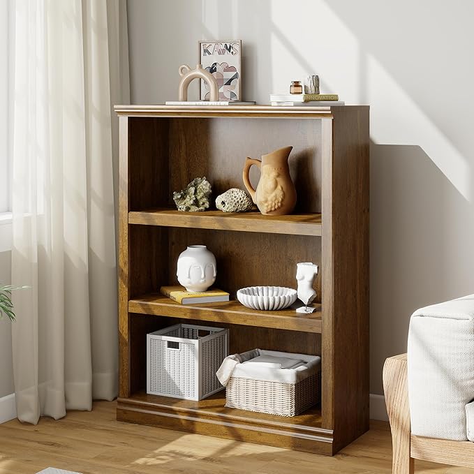 Bevfint 43 in Tall Bookcase, 3-Tier Bookshelf Open Storage, 33 inch Wide Floor Standing Indoor Furniture, Book Cases for Home School Library Office Bedroom Kids, Vintage Oak 3 Tiers