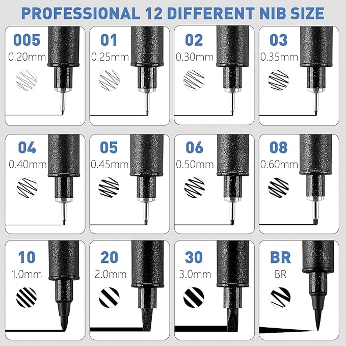 YISAN Drawing Art Pens,Micro Fineliner Pens,Fine Tip Manga Markers for Artist Sketch Technical,Black,12 Set,902195