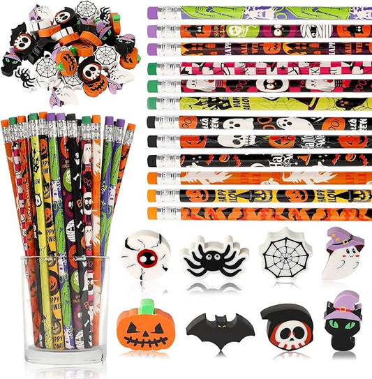 JULMELON 72PCS Halloween Party Favors Set,36PCS Halloween Pencils with 36PCS Ghost Pumpkin Skeleton Bat Spider Erasers, Wooden Pencils for School Classroom Office Party Reward Supplies
