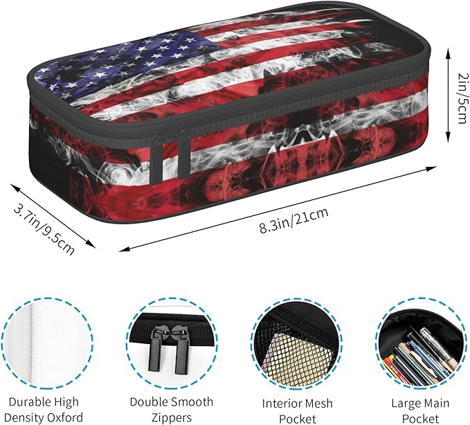 YIJIUWKIS Kids Pencil Case for Boys Girls, Usa Flag Style Pencil Pouch Big Capacity Black Portable Pencil Box Stationery Storage Desk Pen Bag for School Office