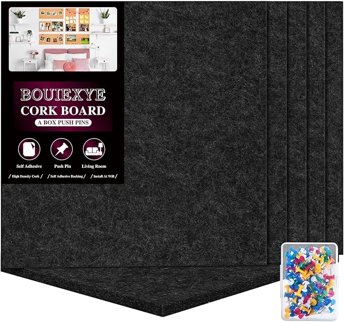 Bouiexye Felt Cork Board Tiles 6 Pack Black Bulletin Boards 12"x12" - 1/2" Thick Corkboards for Wall Bulletin Board Self Adhesive with 100 Push Pins for Wall School Home Office