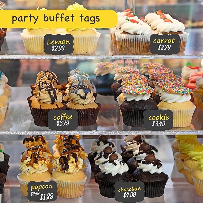 PigPotParty 18 Pcs Food Labels for Party Buffet w/Cleaning Spray, 4"x3" Mini Chalkboard Signs Include 2 Liquid Chalk Markers for Food Display - Food Tags- Table Palce Card (Waved Shape)