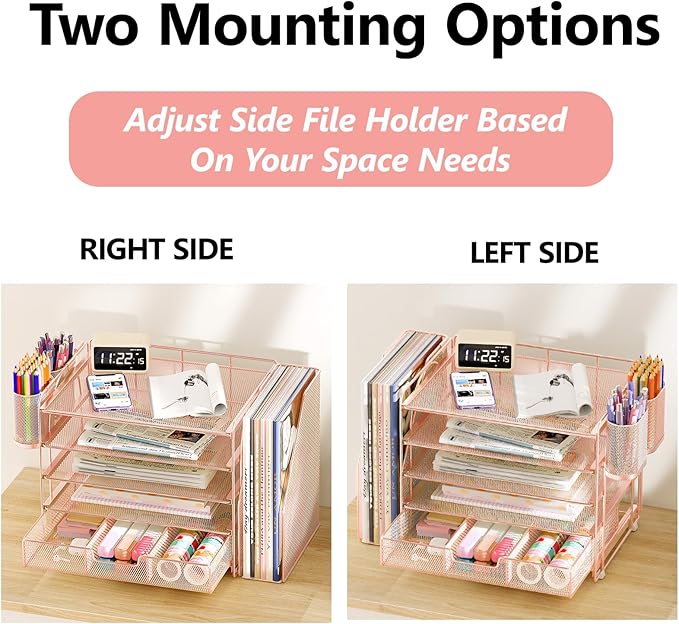 OPNICE Desk Organizer, 5-Tier Paper File Organizer with Drawer & Pen Holder, Office Desk Accessories, Workspace Desktop Organizer for Office Supplies(Rose Gold)