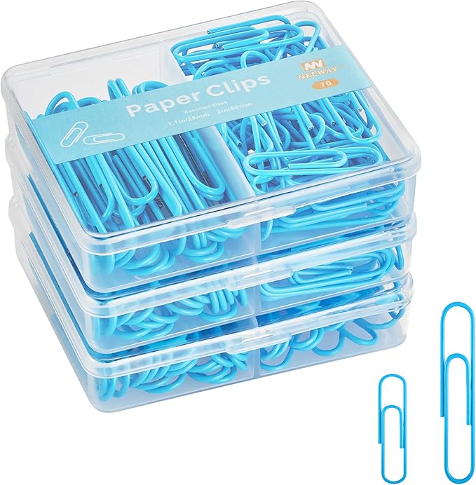 NEEWAY Colorful Paper Clips Assorted Sizes, Small and Large Paperclips, 210 Count, 3 Pack of 70 (Blue)