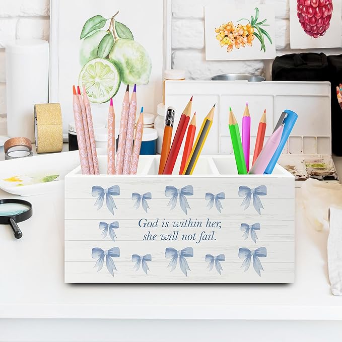 XPH Blue Coquette Bow Christian Pen Pencil Holder Organizer for Desk, Preppy Desk Decor, Christian Gifts for Women, Bible Verse Wooden Box Sign for Girly Room Bedroom Dorm Tabletop Decorations