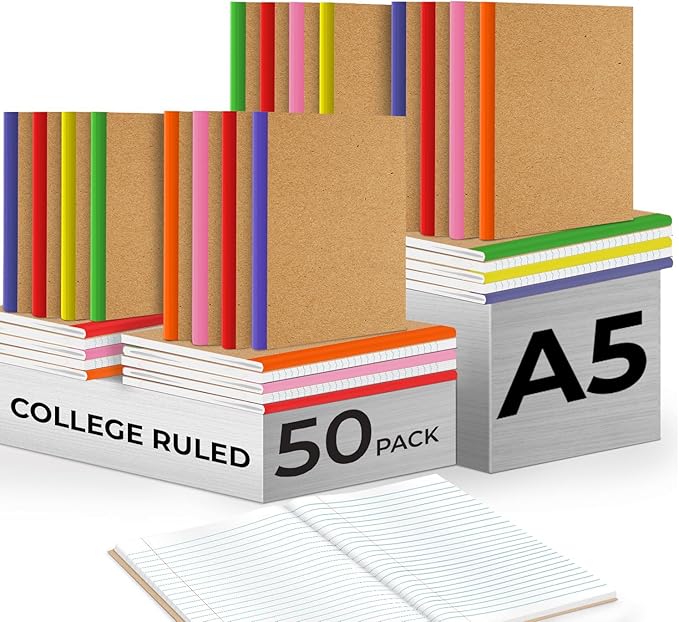 Rosmonde 50 Pack Bulk Kraft Journals, A5, Extra Pages - 120 Pages (60 Sheets), College Ruled, 8 x 5.7, No-Bleed Paper, Bulk Composition Notebooks Lined, Kraft Composition Notebook for School