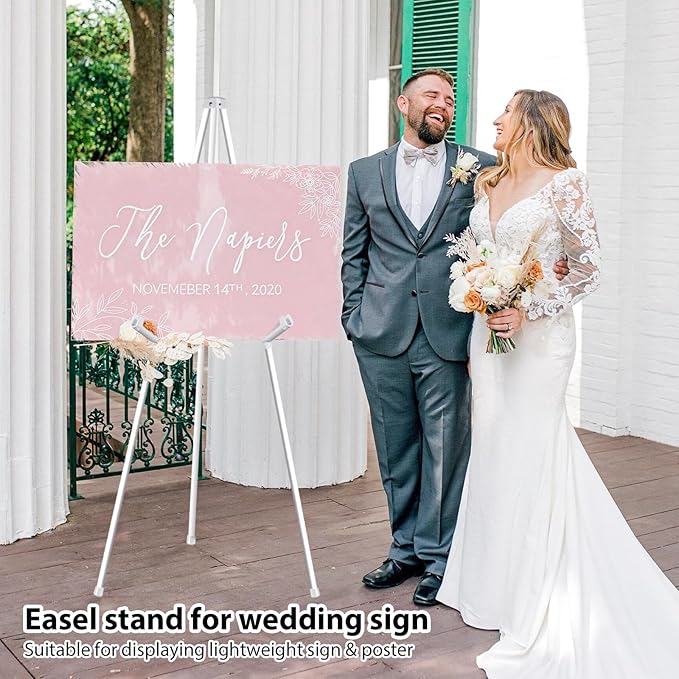 VAIIGO 63" White Easel Stand for Wedding Sign Poster Display Easel Folding Art Easel for Floor Adjustable Metal Easel Instant Tripod Easel for Display Painting Wedding Shower Sign Easel, 1Pack