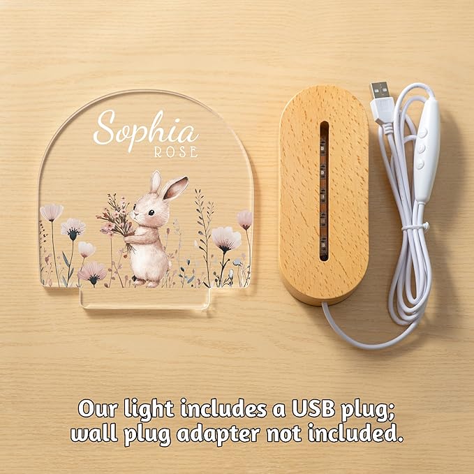7GEEFT Personalized Baby Gifts for Kids, Custom Animal Acrylic Plaque Sign Name Night Light, Birthday Newborn Baby Shower Gifts for Boys Girls, Children Nursery Room Bedroom Decor, Flower and Rabbit