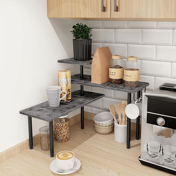 Homode Kitchen Countertop Organizer, 3 Tier Corner Shelf Bathroom Counter Organizer, Wooden Counter Shelf Stand Space Saver, Easy Assembly, Rustic Grey