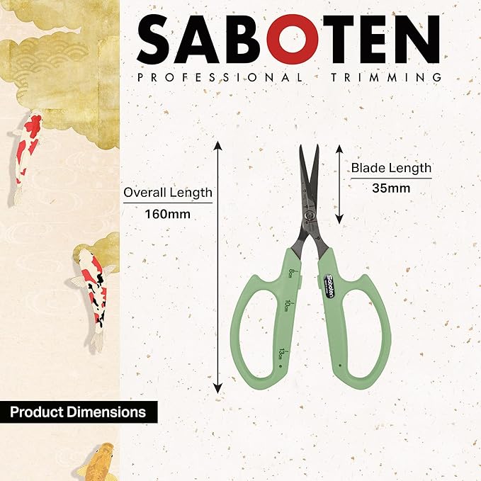 Saboten Stainless Steel Angled Blade Trimming Scissors Green PT-13 160mm Precision Gardening Bonsai and Floral Shears Made in Japan