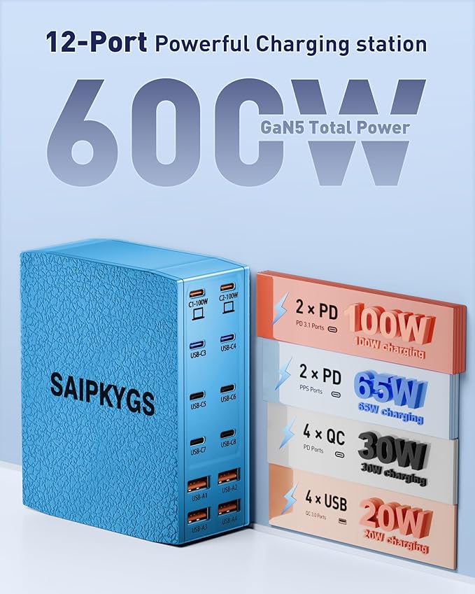SAIPKYGS USB Charging Station (600W),12-Port USB C Charger Block with Dual 100W PD USB-C Fast Charging Station Hub for MacBook Pro/Air/All iPad Phone 17/16 15/14/13/Pro Max/Samsung Galaxy Note(Blue)