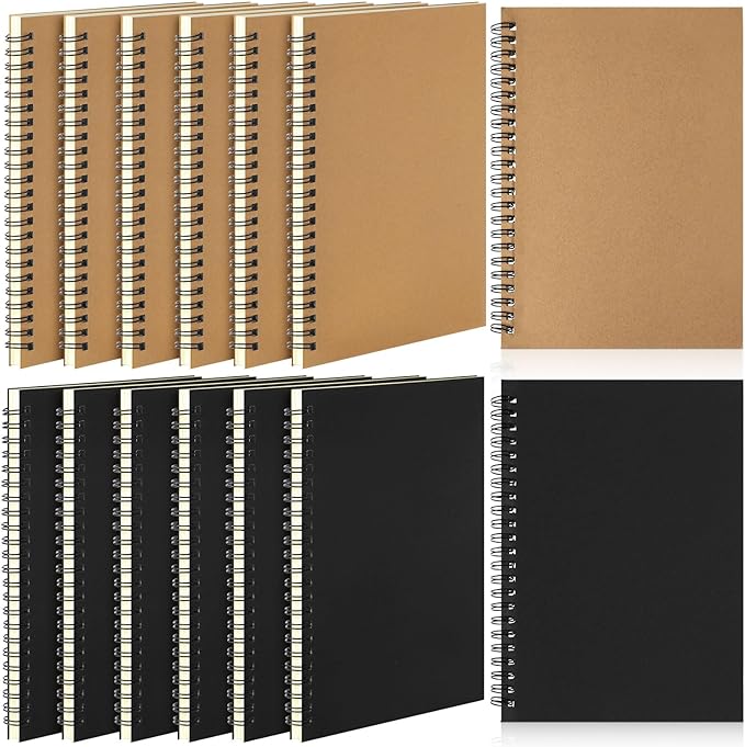 Leelosp 12 Pack Small Spiral Notebook 5 x 7 Inch Lined College Ruled Spiral Journal Wire Bound Notebook Kraft Cover, 120 Pages for Work Students Office Business(Brown, Black)