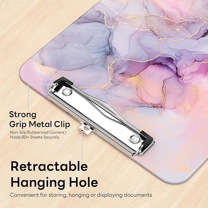 Luminzo Plastic Cute Clipboard Low-Profile Metal Clip, A4 Letter Size 9 x 12.5 in, 8.5 x 11 Paper Clip Board for Teachers, Nurses, Classroom,Pink Dream Marble