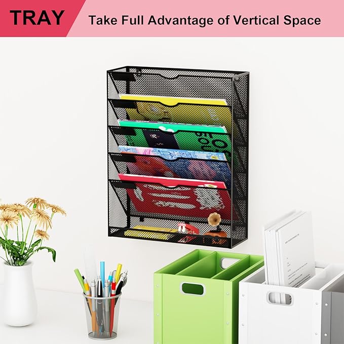 GDINDINFAN Hanging Wall File Organizer 6 Tier Wall Mounted Mail Paper Folder Holder Document Organization Stand, Vertical Desk Magazine Rack for Office Home Cubicle Countertop, Black