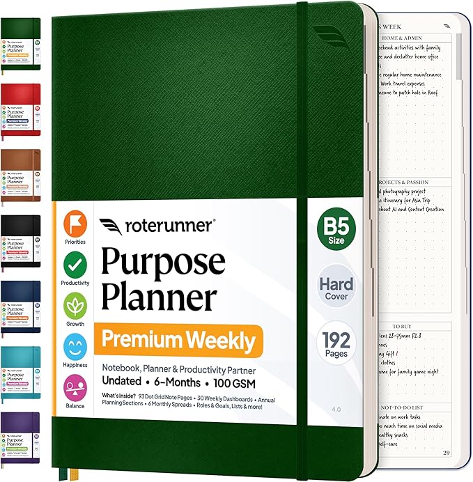Roterunner Purpose Planner Notebook B5 7.5”x9.8” Undated 2026 Daily Weekly and Monthly Productivity Goal Setting Tool for Work Home ADHD Planner for Adults Self Care Journal