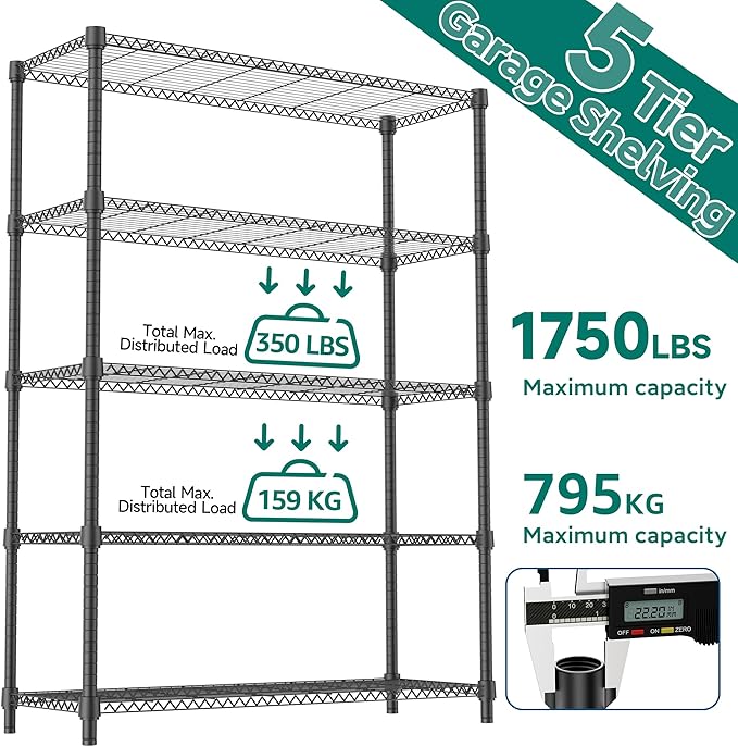 M MZG 5 Tiers Shelf 1750 lbs Steel Storage Shelving Utility Shelving Unit Steel Organizer Wire Rack for Home,Kitchen,Office,Garage Black 17.7" D x 47.2" W x 72.4" H