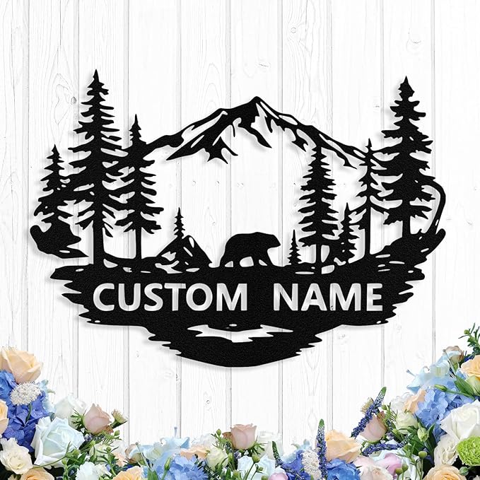 Custom Bear Metal Sign, Custom Bear Metal Wall Art Decor, Personalized Last Name Signs for Home, Rustic Farmhouse Black Wall Decor for Cabin, Bedroom, Living Room, Porch
