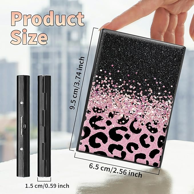 BWEGRHE Slim Credit Card Holder, Pink Glitter Leopard RFID Blocking Metal Wallet for Men & Women, Aluminum Minimalist Hard Case Pocket-Sized Business Cards Organizer (Fits Up to 10 Cards)